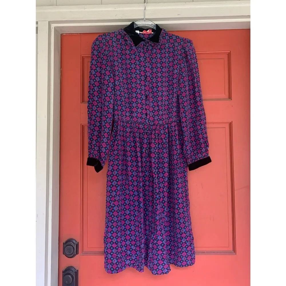 Vintage Miss O by Oscar de la Renta Velvet Trim Silk Dress